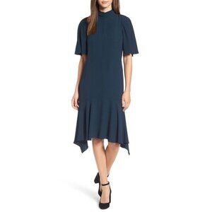 Lewit Women Green Scarab Mock Neck Back Tie Elbow Sleeve Rippling Dress Size 10